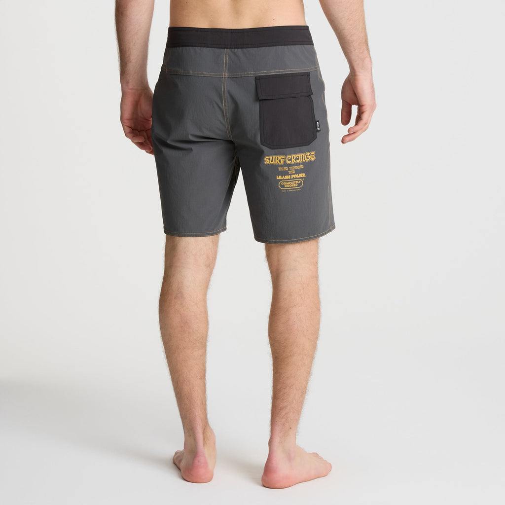 Versatile boardshorts ideal for travel and outdoor activities, featured in a gray scale tropical pattern, perfect for any adventure. Big Image - 5