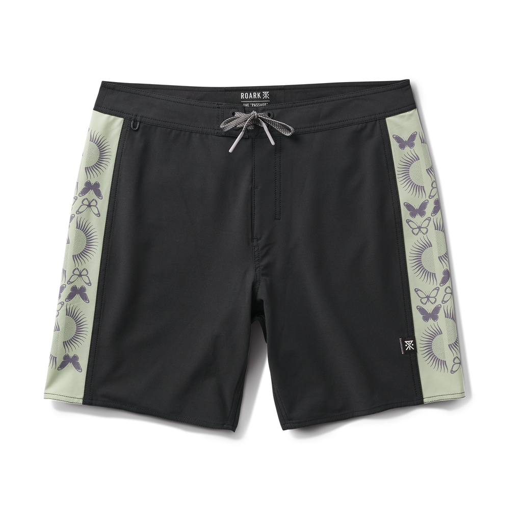 Black swim shorts with butterfly and sun print side panels, a modern design for active adventures or laid-back beach days. Big Image - 1