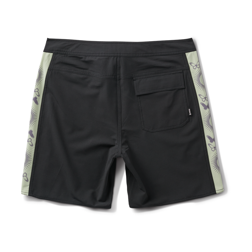 Back view of black swim shorts with a practical pocket and printed side panels. Designed for comfort and performance. Big Image - 9