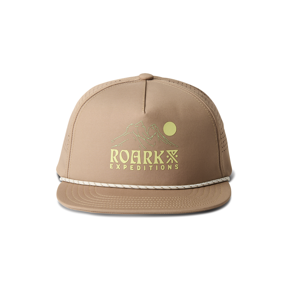 Roark cricket cap featuring a signature logo and graphic design on the label, styled in khaki for outdoor adventures. Big Image - 1