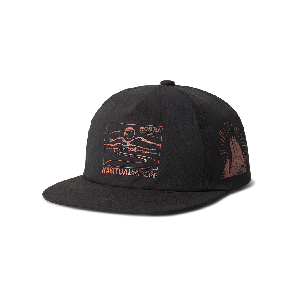 Graphic cap in black featuring adventure-inspired design, perfect for travel and outdoor activities by Roark. Big Image - 6