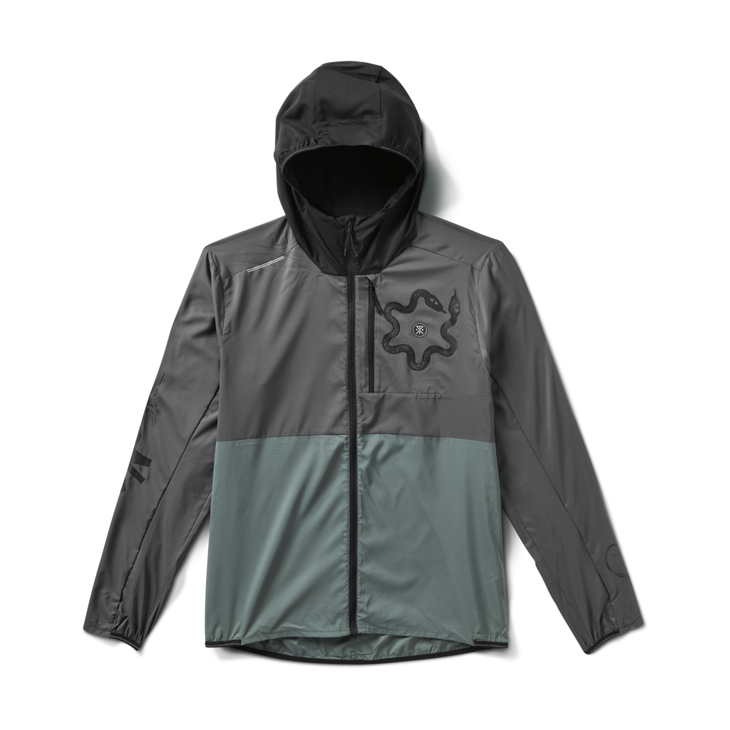 Men's lightweight hooded windbreaker jacket in dual-tone grey and green with modern snake emblem, designed for outdoor adventures. Big Image - 1