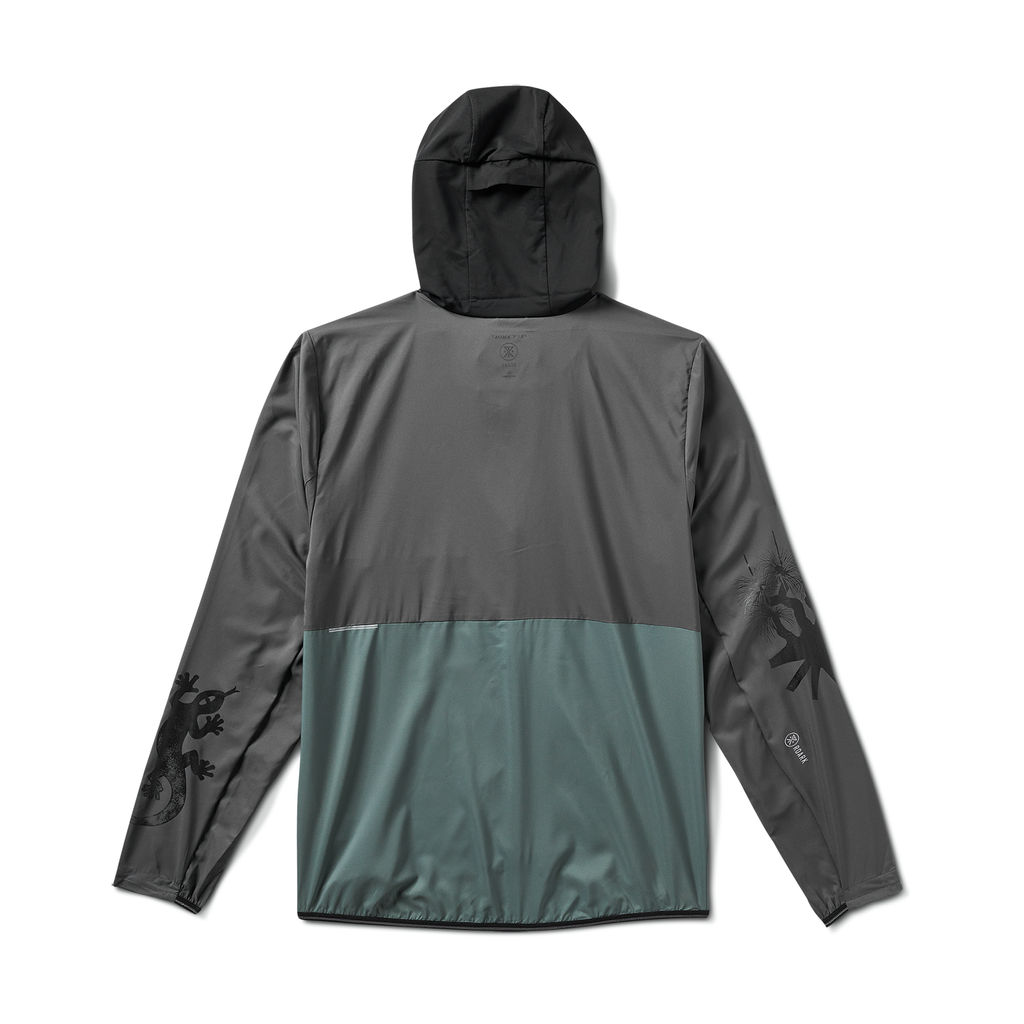 Rear view of men's lightweight windbreaker jacket in grey and green, showcasing minimalistic design with subtle gecko print on sleeve, perfect for hiking and travel. Big Image - 14