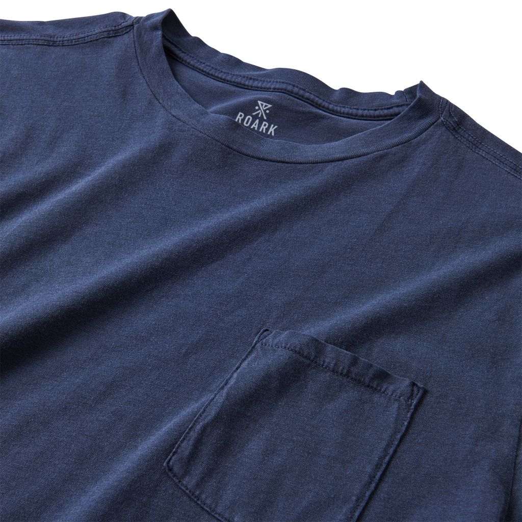A close-up image of the Roark Made To Fade Short Sleeve Tee in Washed Navy, showcasing the details and craftsmanship. Shop the official Roark store now. Big Image - 3