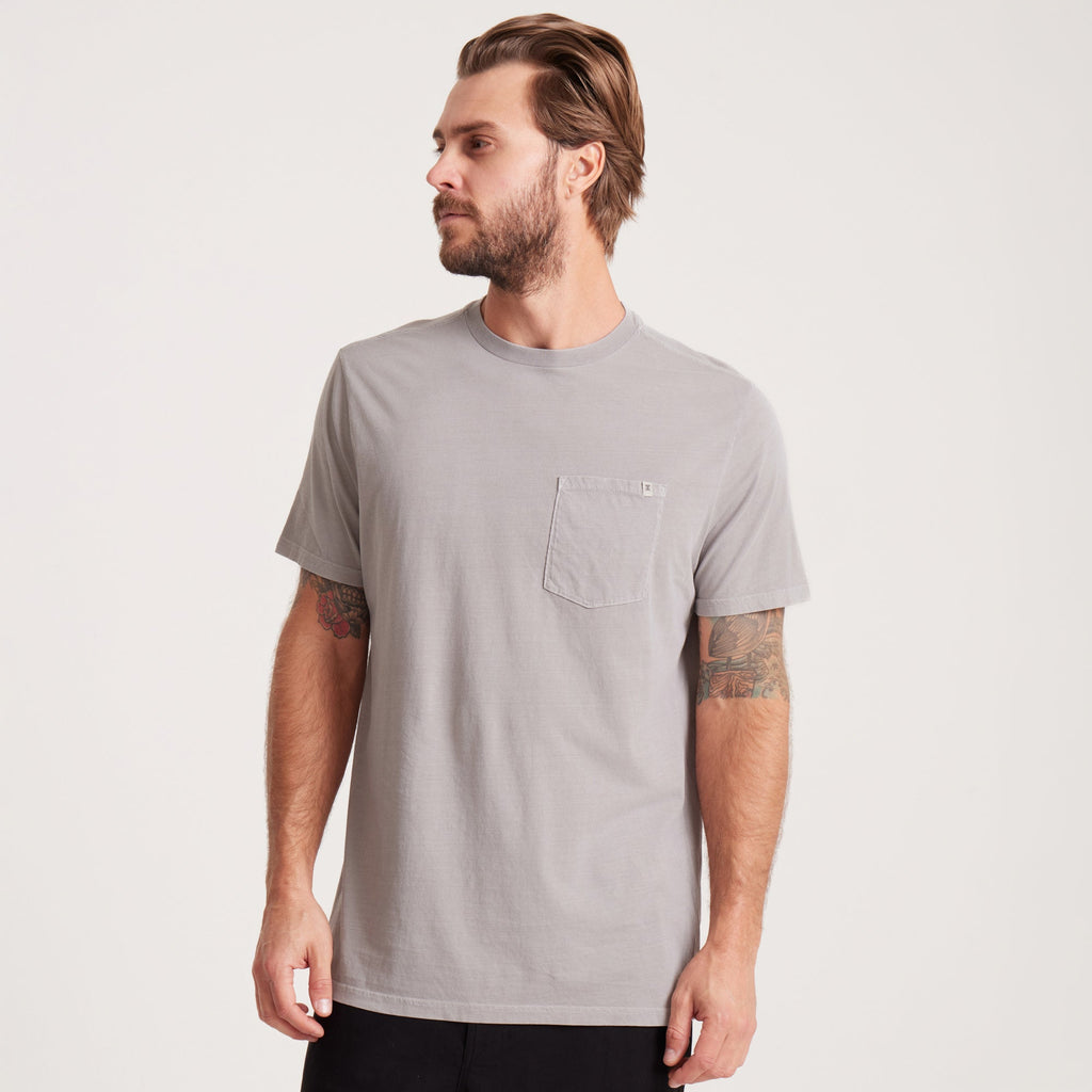 on-model Men's Washed Grey Pocket Tee - angled front view highlighting pocket detail and soft fabric. Big Image - 3