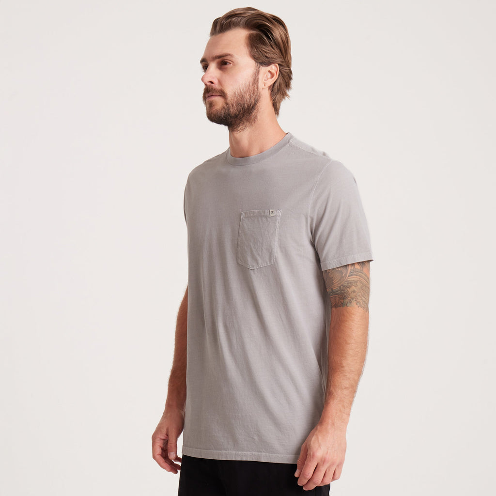 on-model Men's Washed Grey Pocket Tee - side view emphasizing slim fit and durable stitching. Big Image - 4