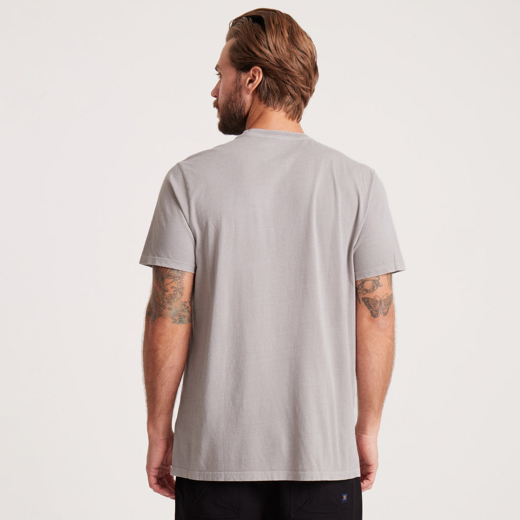 on-model Detail of washed grey t-shirt fabric, highlighting premium texture and quality stitching for durability. Big Image - 6