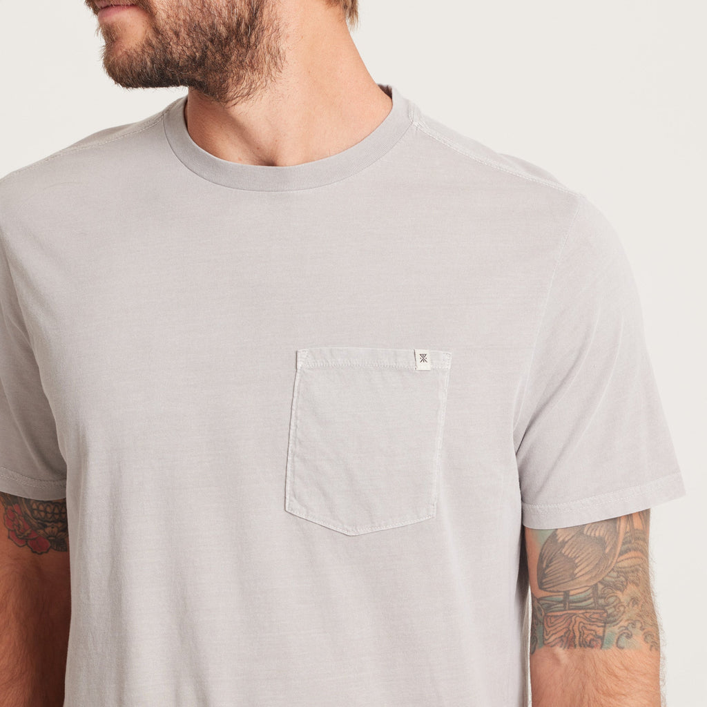 on-model Men's Washed Grey Pocket Tee - close-up of soft fabric and pocket with subtle branding. Big Image - 7