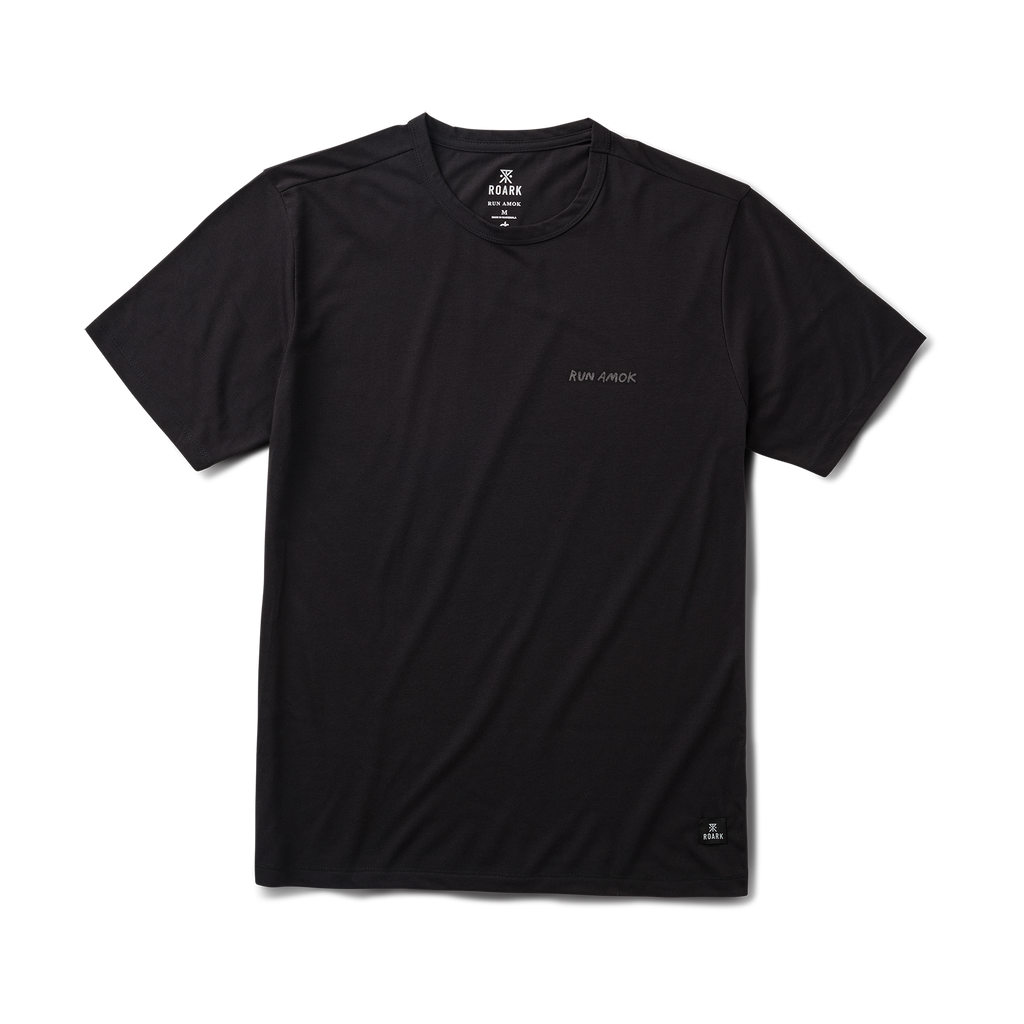 Close-up of a black Roark active t-shirt emphasizing durable textile and sleek design ideal for adventure and travel Big Image - 1