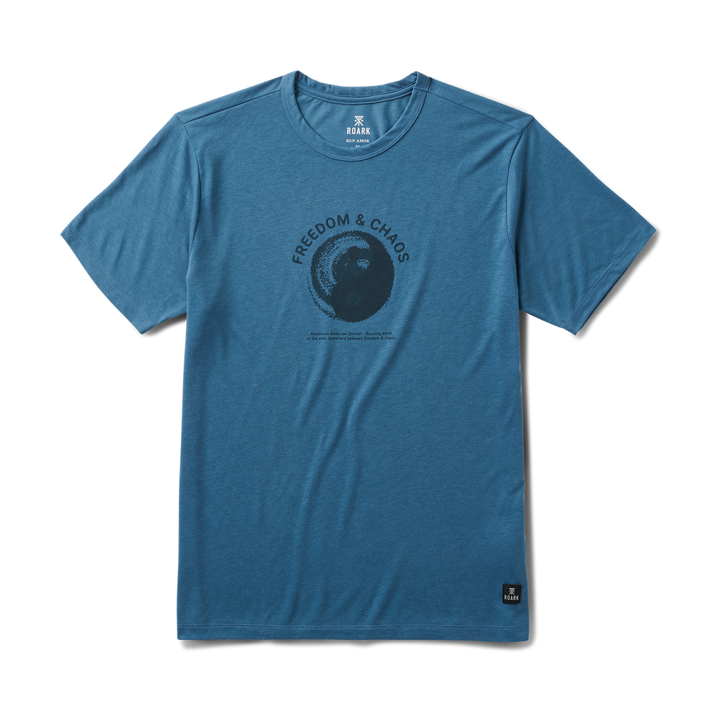 Close-up of a graphic active shirt featuring distinctive logo and sleeve details by Roark, designed for adventurers and travelers. Big Image - 1