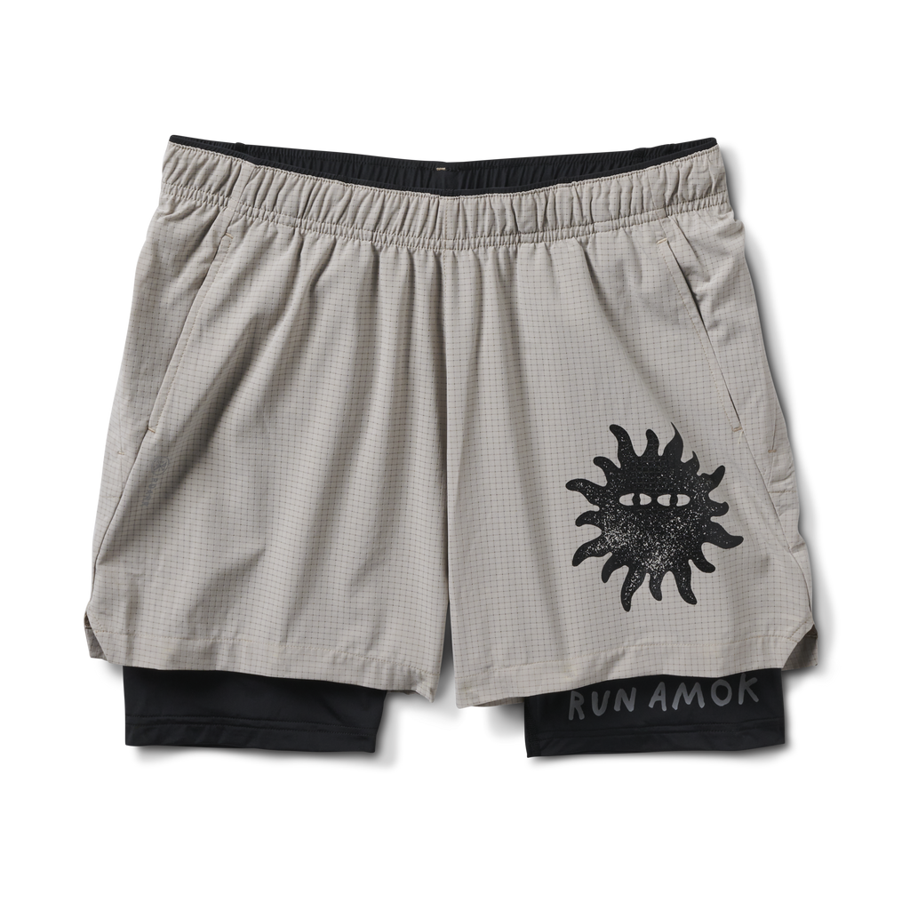 Front view of grey Roark running shorts with a black sun graphic, lightweight and designed for comfort and performance. Big Image - 1