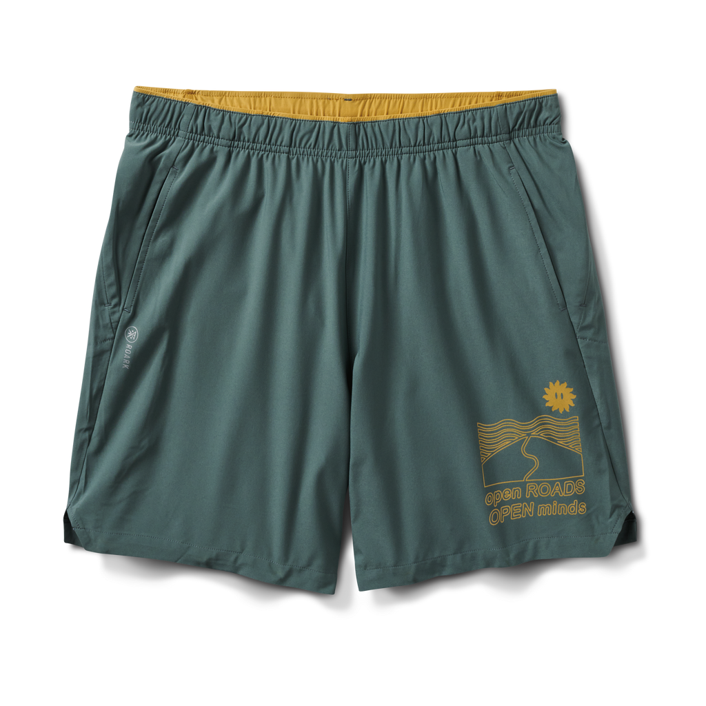 Front view of green Roark performance shorts featuring golden 'Open Roads, Open Minds' graphic for adventure enthusiasts. Big Image - 1