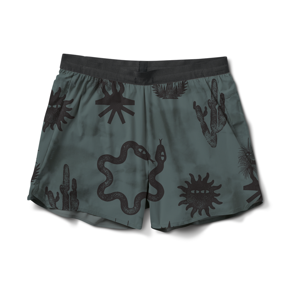 Men's athletic shorts in dark green with bold black desert-inspired graphics, including snakes, cacti, and abstract sun shapes. Stylish and comfortable. Big Image - 1