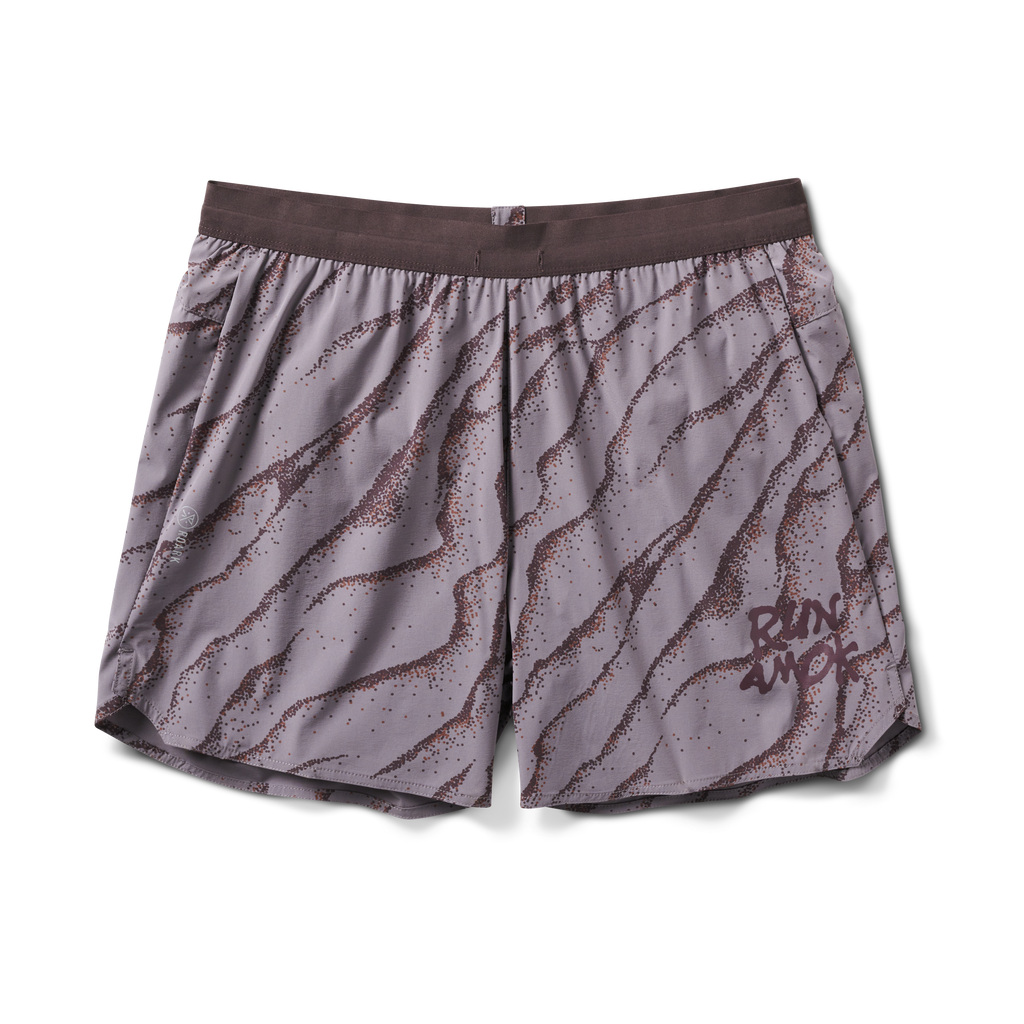 Front view of lightweight purple running shorts featuring a wavy pattern and "Run Amok" branding, perfect for high-performance activities. Big Image - 1