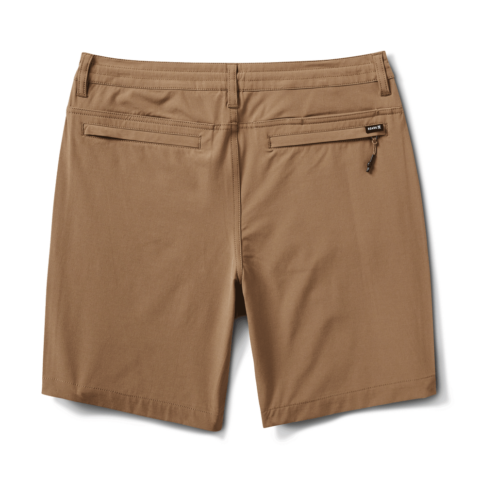 Back view of Roark Hy-Tide Hybrid Short in dark khaki, featuring zippered pockets and durable flat-felled seams. Big Image - 10
