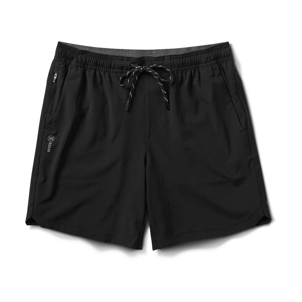 Front view of the Serrano athletic shorts in black, featuring a lightweight design with an elastic waistband, drawstring closure, and slash pockets. Perfect for running, workouts, or casual outings. Big Image - 1