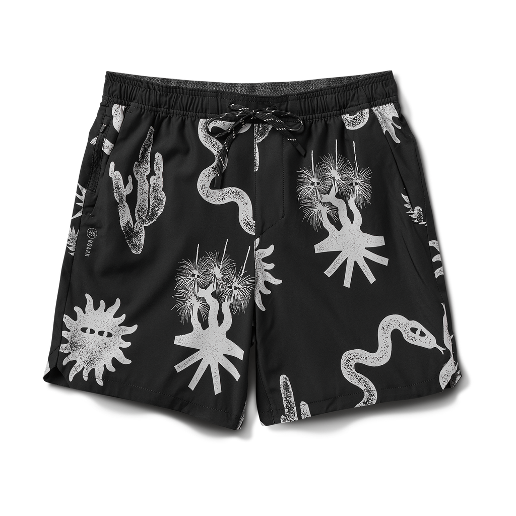 Front view of black swim shorts with bold white graphic prints featuring snakes, cacti, and abstract sun designs. Perfect for summer adventures and casual wear. Big Image - 1