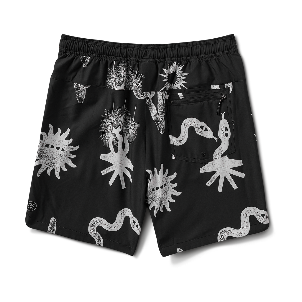 Back view of black swim shorts showcasing unique white graphic prints of snakes, sun motifs, and desert-inspired patterns, ideal for beach and poolside activities. Big Image - 9