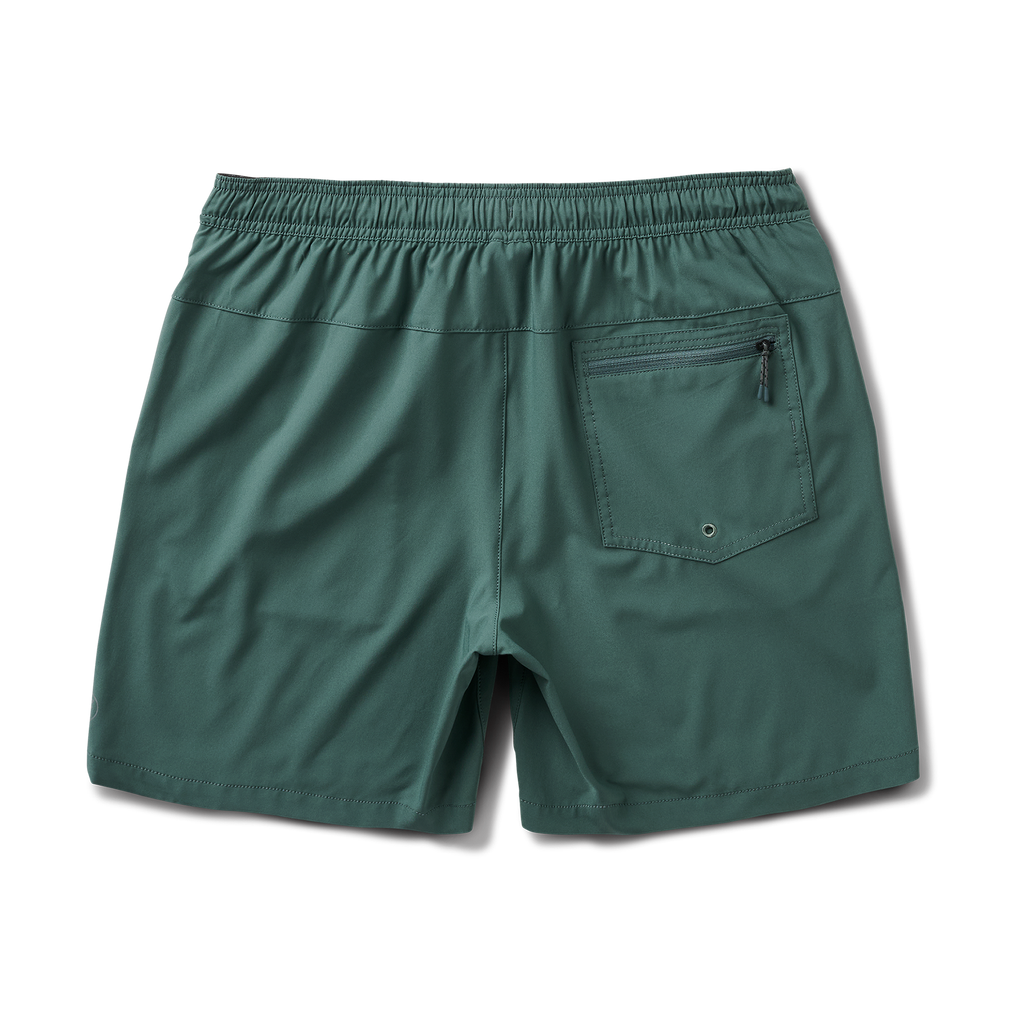 Back view of forest green Roark shorts featuring a zippered pocket and elastic waistband, perfect for outdoor adventures. Big Image - 10