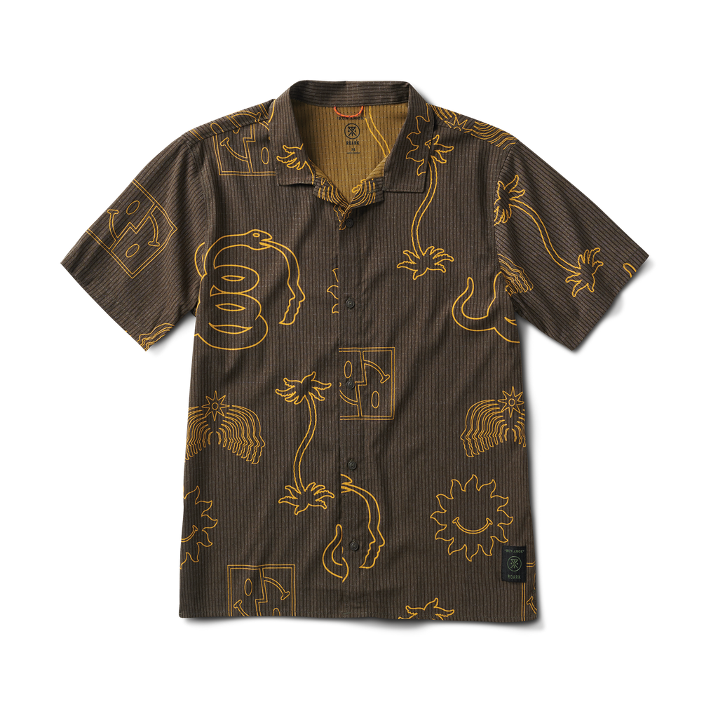 Brown short-sleeve button-up shirt with yellow abstract graphics, including palm trees, snakes, and suns, for a bold and playful style. Big Image - 1