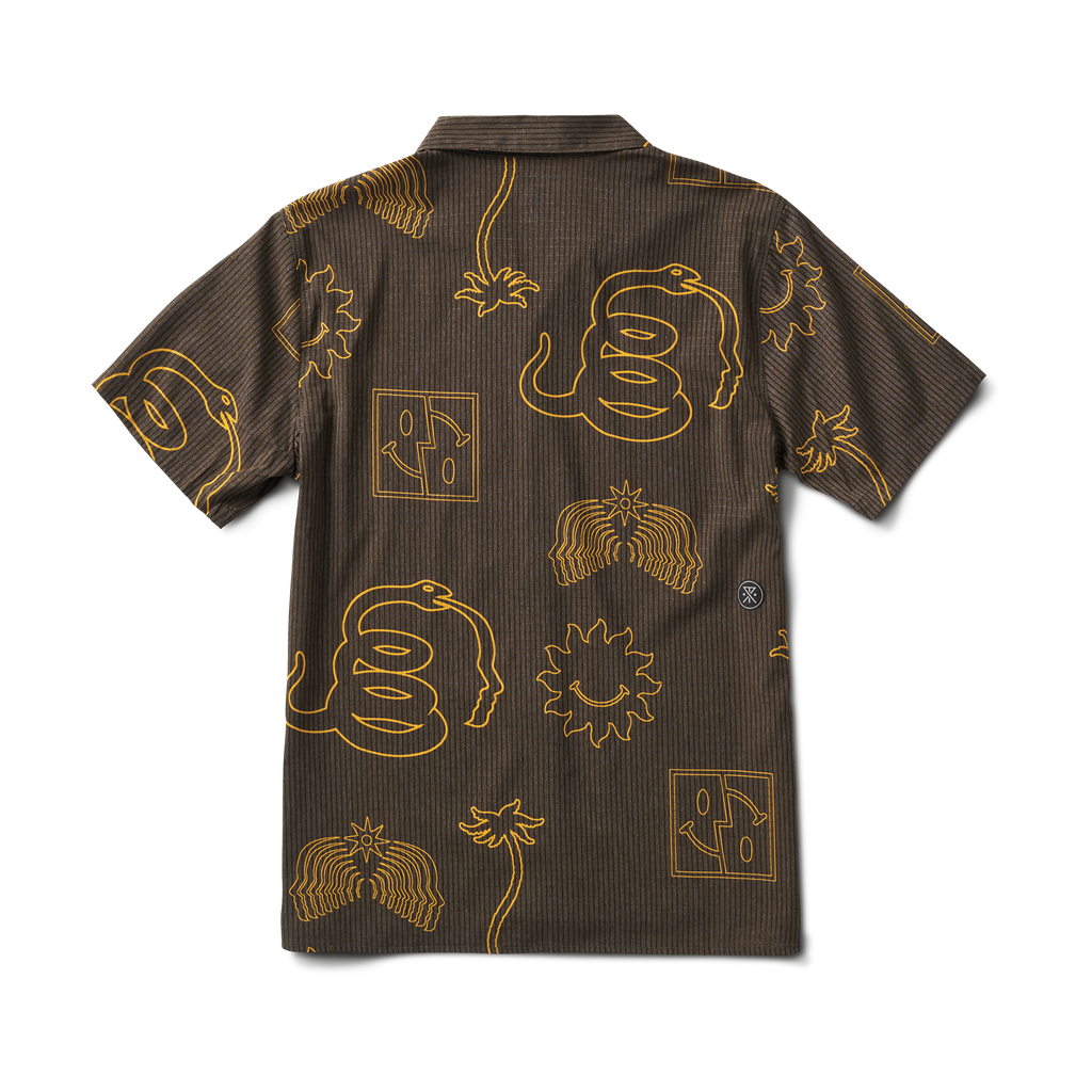 Brown short-sleeve button-up shirt with yellow abstract graphics, including palm trees, snakes, and suns, for a bold and playful style. Big Image - 2