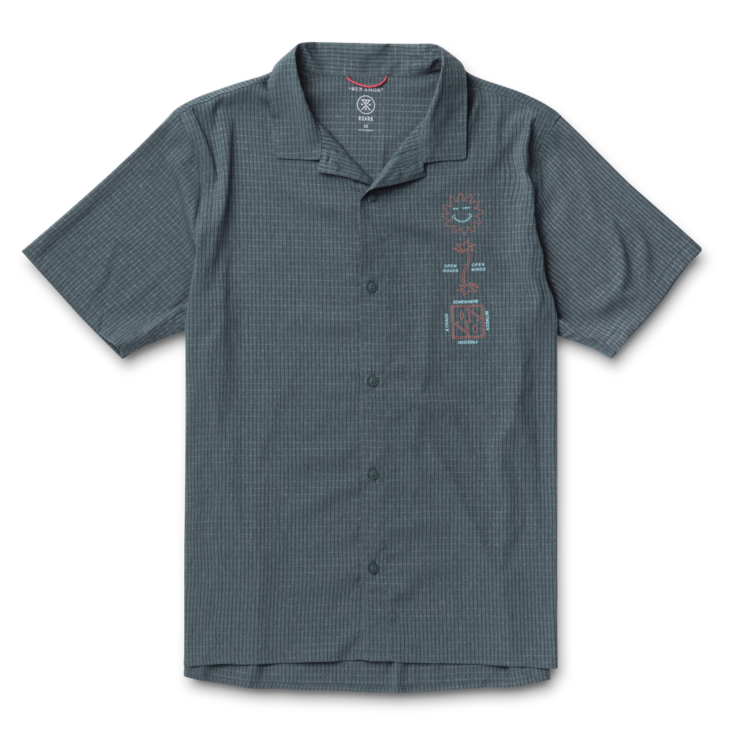 Gray short-sleeve button-up shirt with subtle checkered pattern and small, colorful abstract graphics on the left chest for a modern, stylish look. Big Image - 1