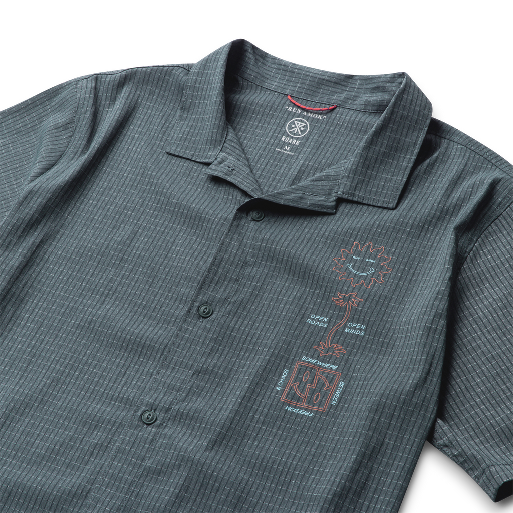 Gray short-sleeve button-up shirt with subtle checkered pattern and small, colorful abstract graphics on the left chest for a modern, stylish look. Big Image - 3