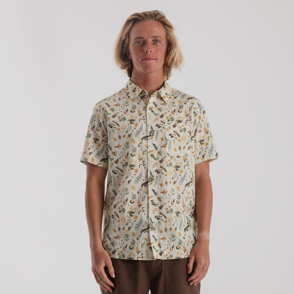 Roark Journey Button Up Shirt in Bendik Almond Paste, showcasing a front view with a model wearing it. Big Image - 2