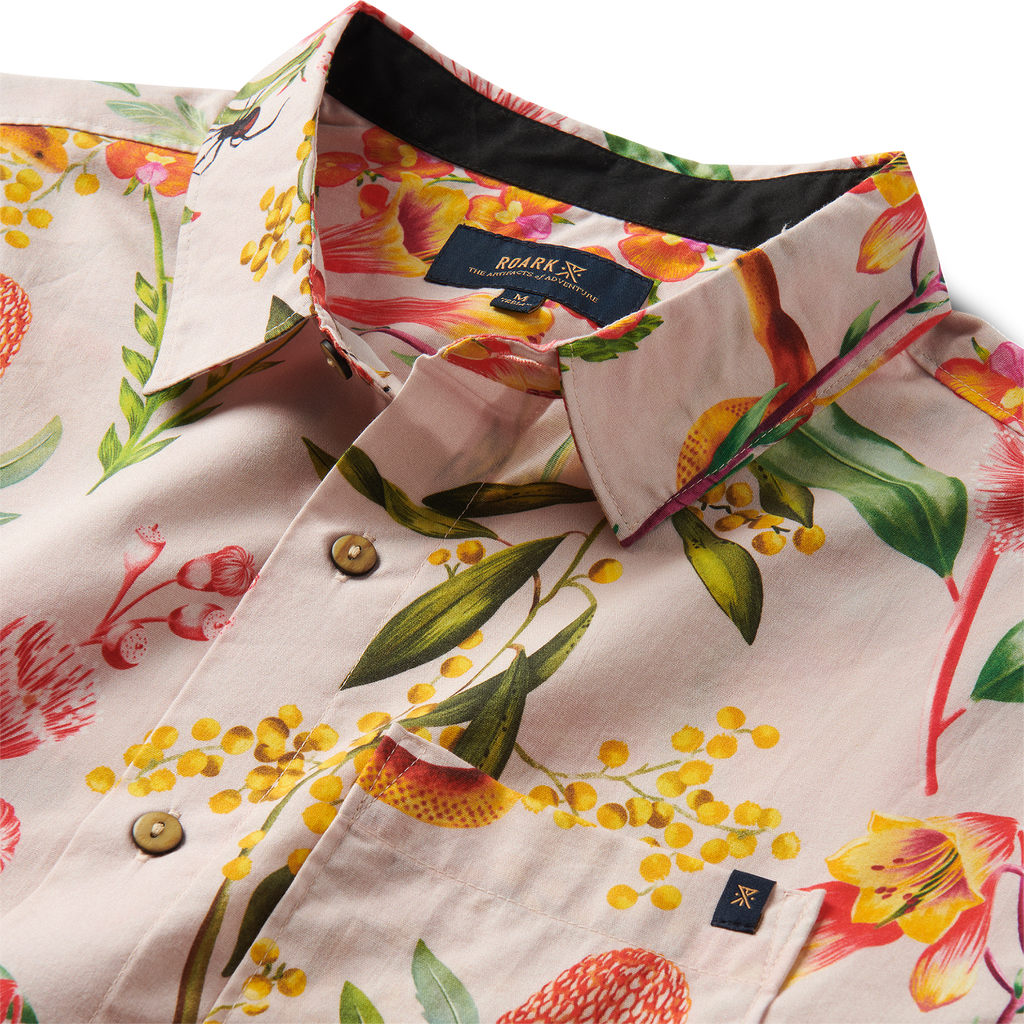 Close-up of a yellow collared shirt with buttons, perfect for outdoor adventures and travel, by Roark. Big Image - 14