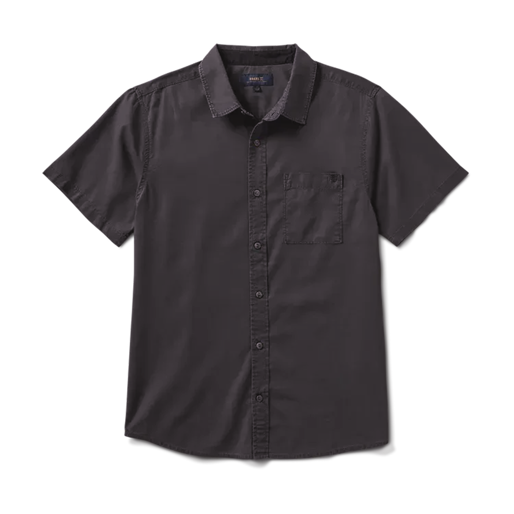 Front view of a black short-sleeve button-up shirt, perfect for casual or formal settings. Crafted with soft, high-quality fabric. Big Image - 1