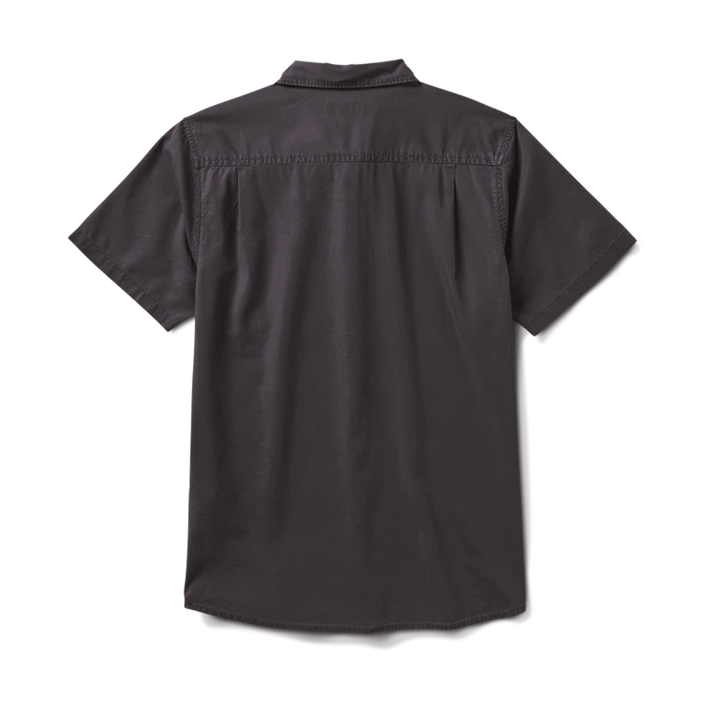 Back view of a black short-sleeve button-up shirt, showcasing its clean, minimalistic design and durable craftsmanship. Big Image - 6