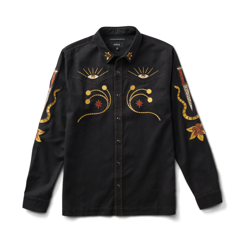 Stylish black denim jacket with distinctive button details and structured collar, designed for adventure and travel - Roark Big Image - 1