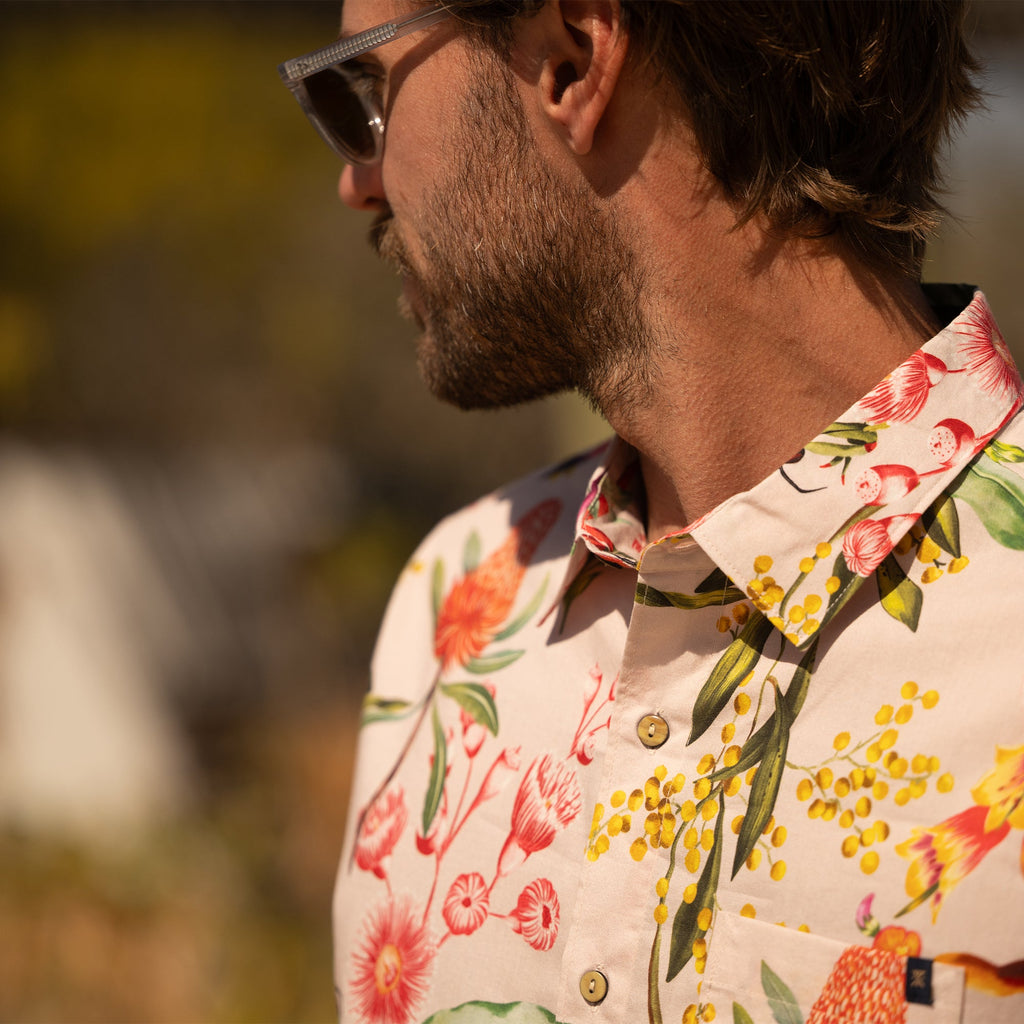 Two people wearing Roark dress shirts, one yellow, outdoors in a scenic, natural setting, enjoying adventure and travel. Big Image - 4