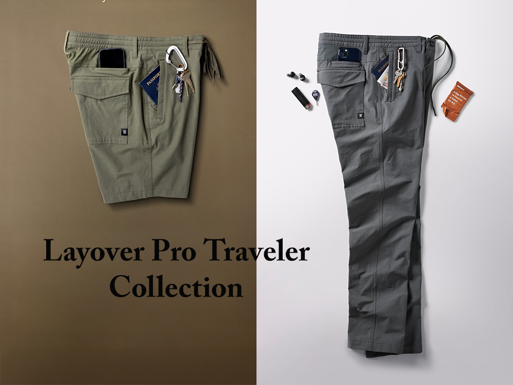 Two pairs of pants and shorts from the Layover Pro Traveler Collection on a brown and white background.