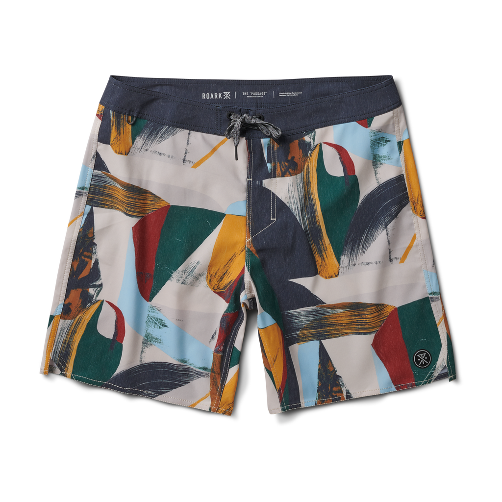 The front of Roark's Passage Boardshorts for men in collage multi color Big Image - 1