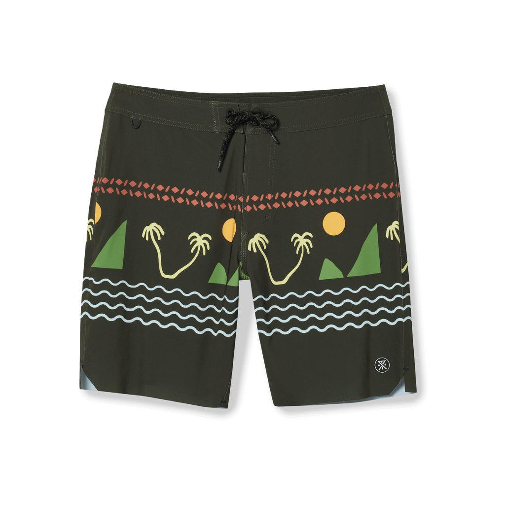 The front of Roark's Passage Primo Boardshorts 18" - Island Time Dark Military Big Image - 1