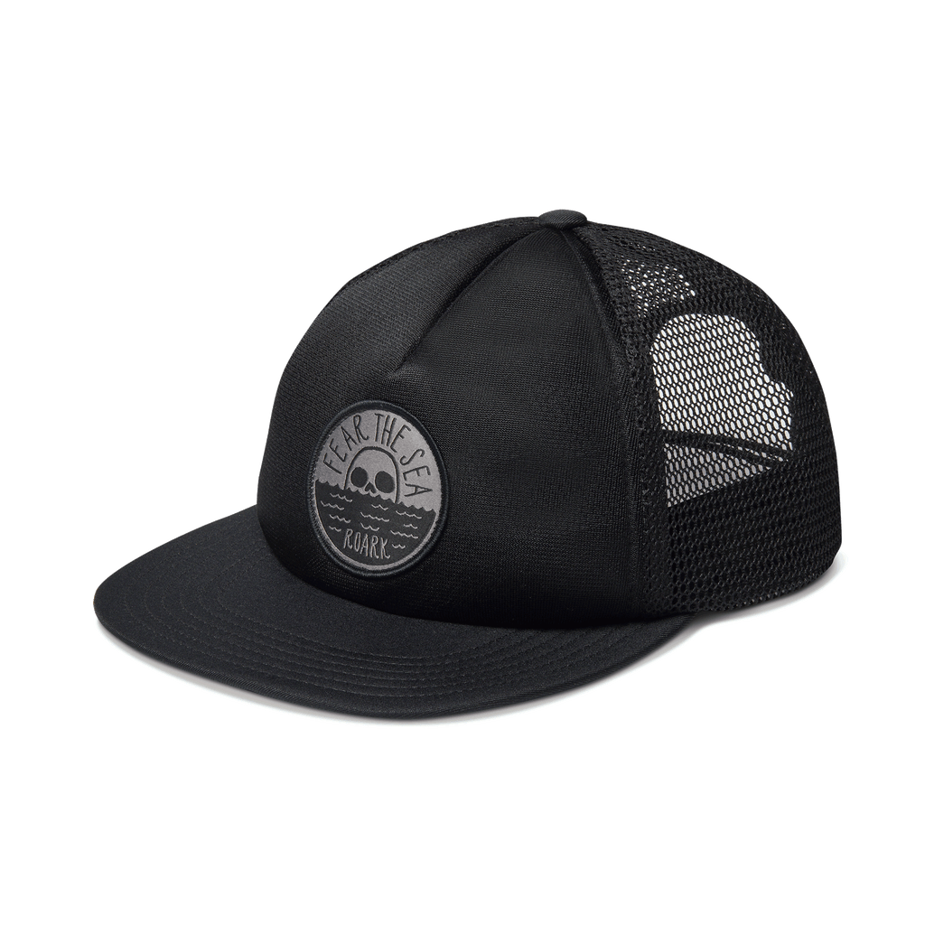 The angled view of Fear the Sea Packable Trucker Snapback Hat - Black Big Image - 2