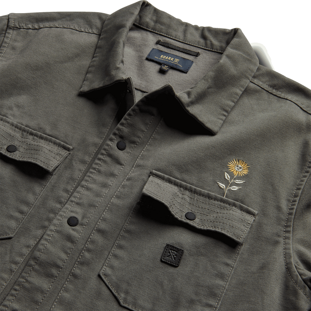 The front chest embroidery of Roark men's Hebrides Unlined Jacket - Charcoal Kampai Big Image - 11
