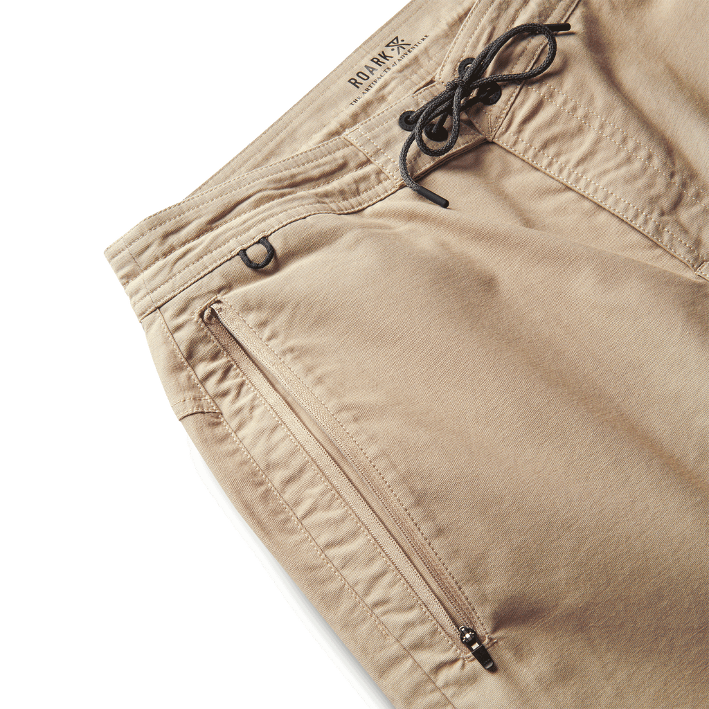 The drawstring and zipper pocket view of Roark's Layover 2.0 Shorts - Beach Big Image - 8