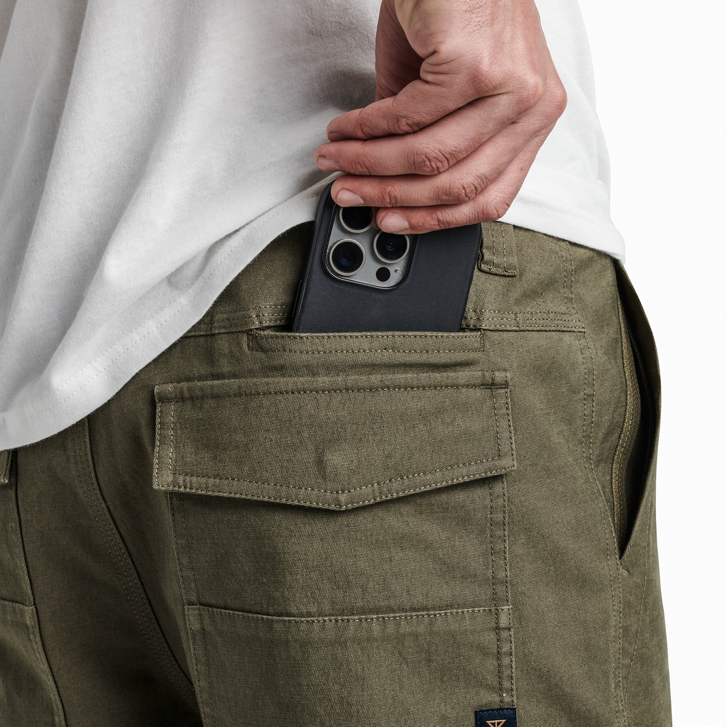 The model of Roark men's Layover Utility Shorts - Military Big Image - 6