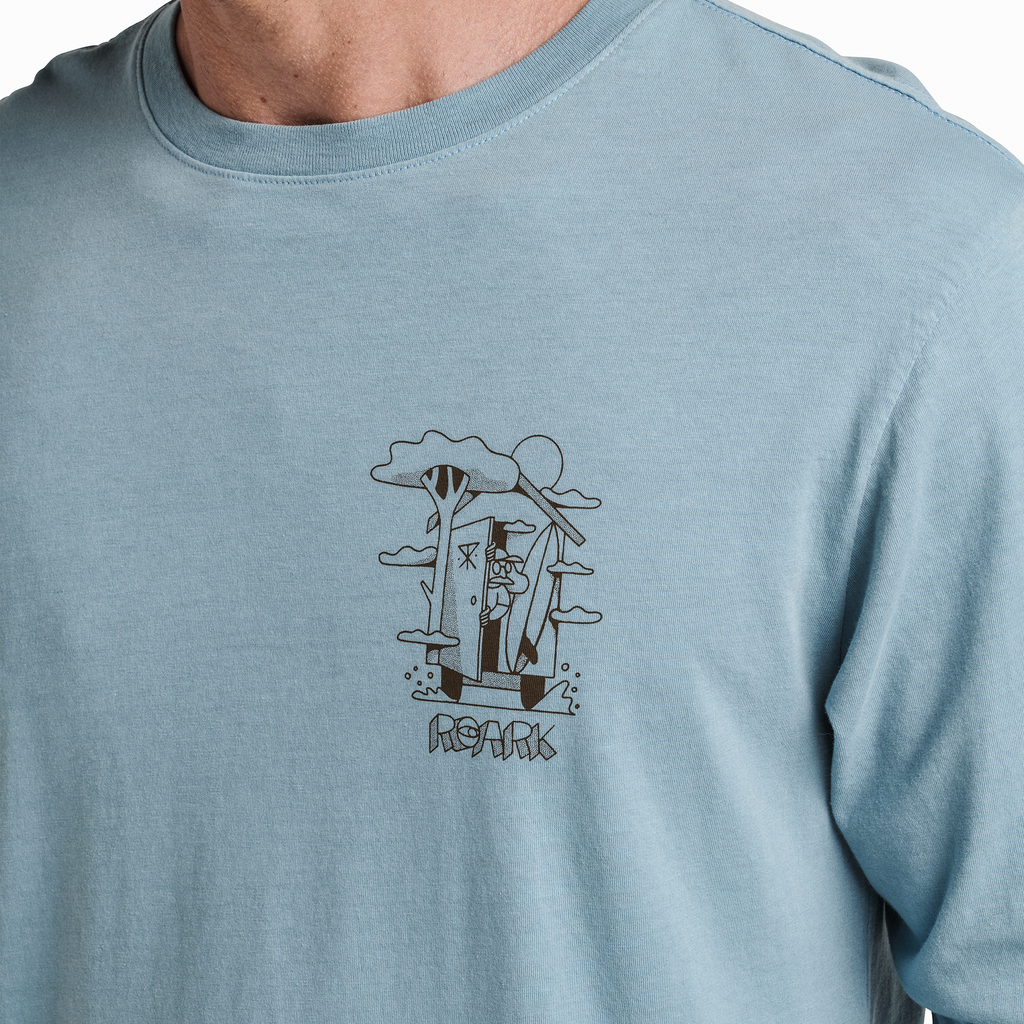 The model of Roark men's Road Trip Club Long Sleeve Premium Tee - Dusty Blue Big Image - 6