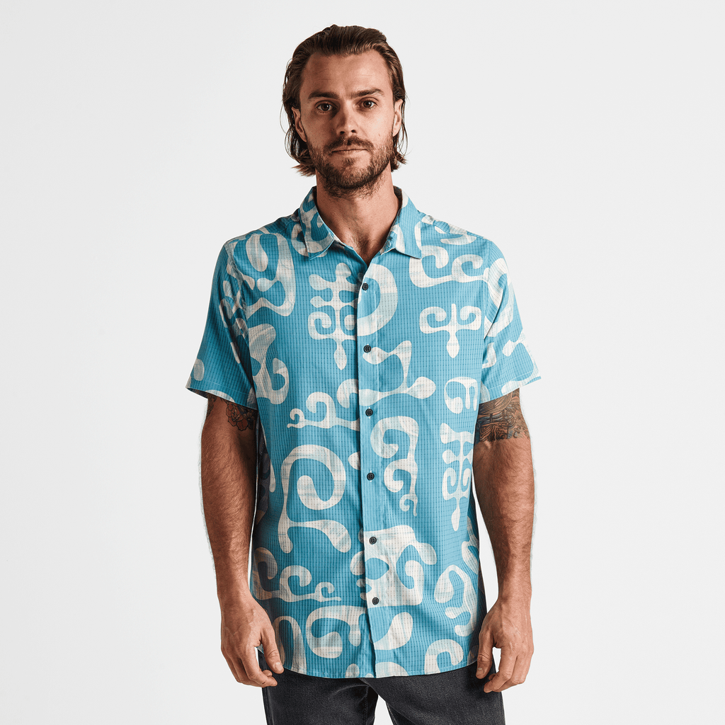 The on body view of Roark's Bless Up Breathable Stretch Shirt - Aqua Print Big Image - 2