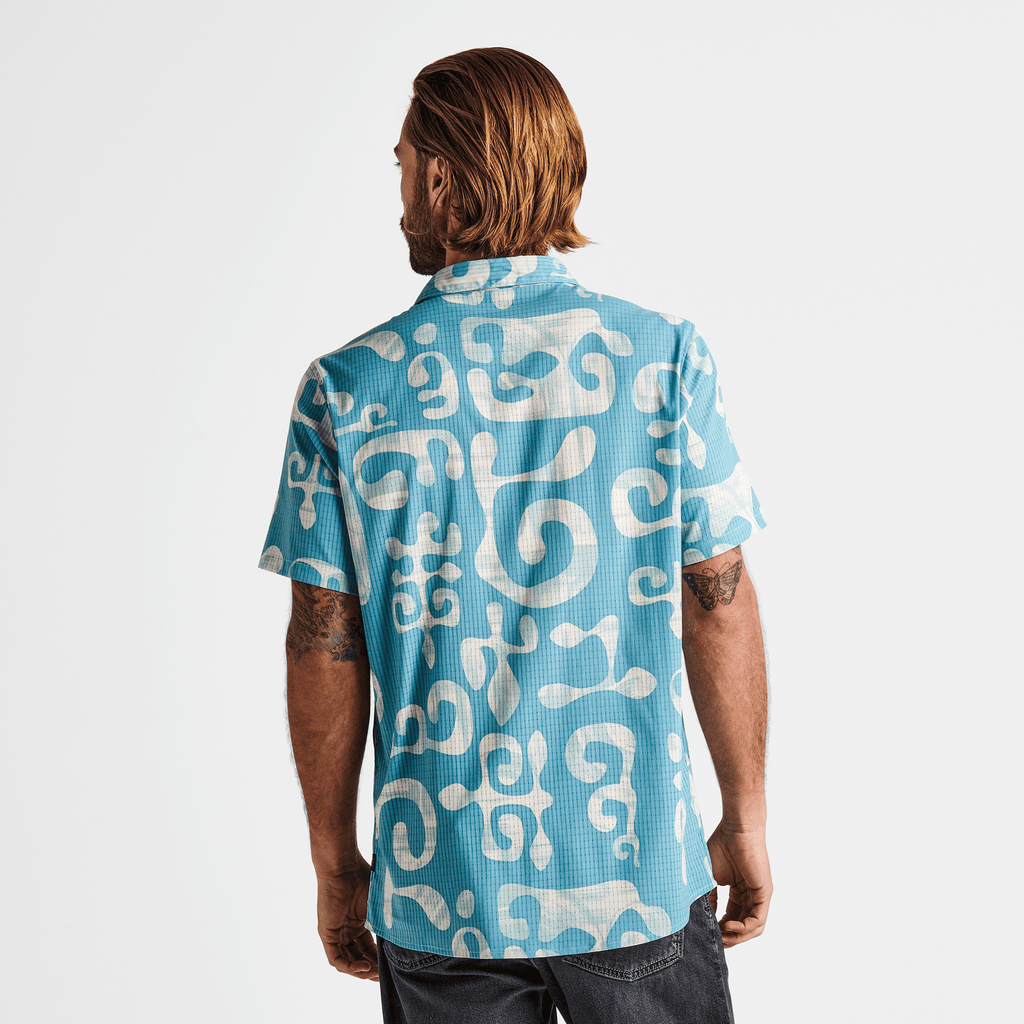 The on body view of Roark's Bless Up Breathable Stretch Shirt - Aqua Print Big Image - 4
