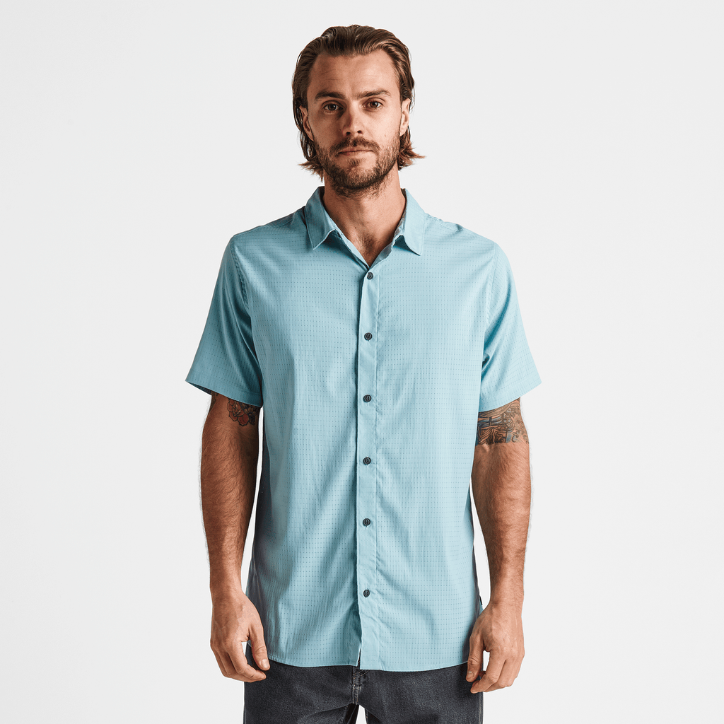 The on body view of Roark's Bless Up Breathable Stretch Shirt - Aqua 2 Big Image - 2