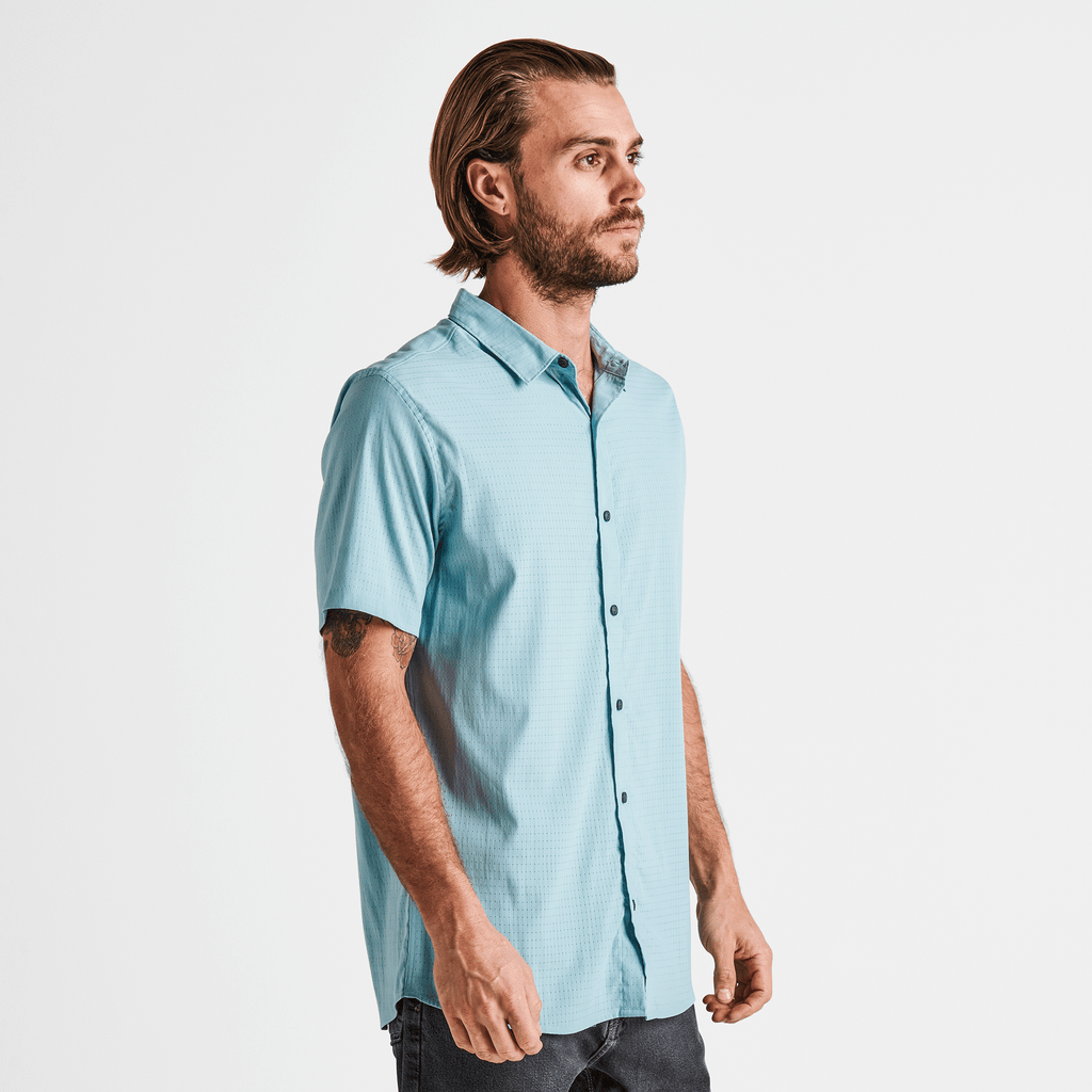 The on body view of Roark's Bless Up Breathable Stretch Shirt - Aqua 2 Big Image - 3