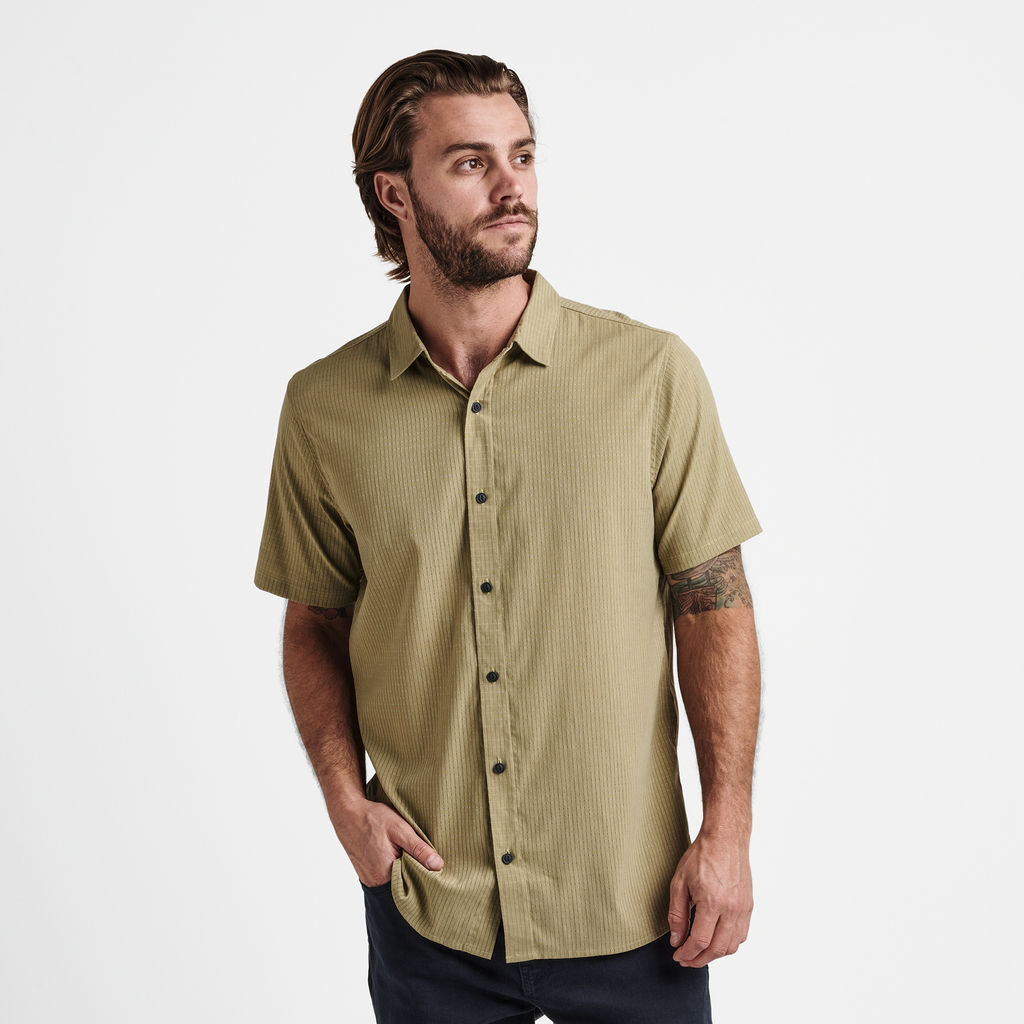 The model of Roark men's Bless Up Breathable Stretch Shirt - Dusty Green Big Image - 2