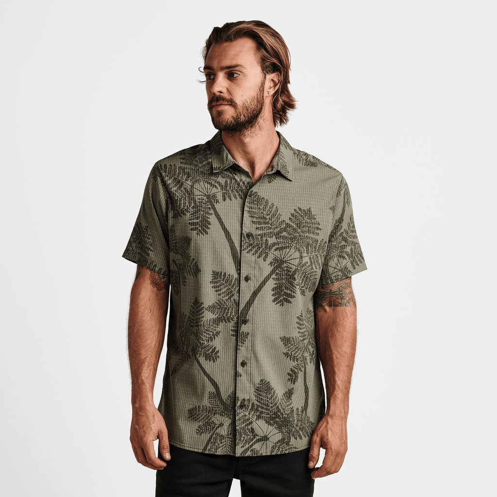 The on body view of Roark's Bless Up Button Up Shirt in Light Army for men. Big Image - 2