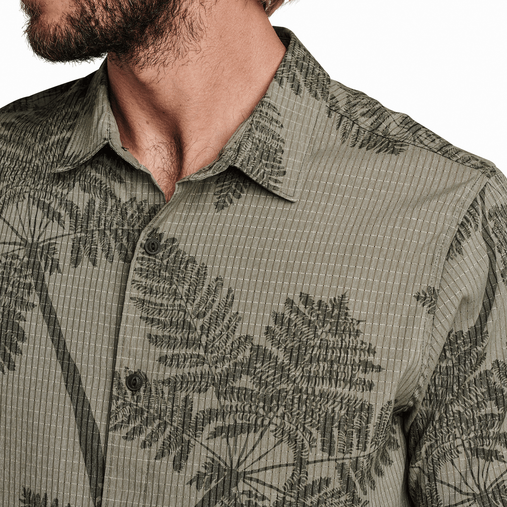The on body view of Roark's Bless Up Button Up Shirt in Light Army for men. Big Image - 5
