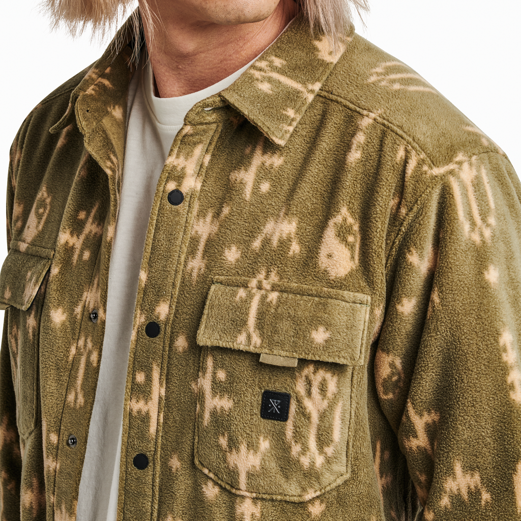 The model of Roark men's Diablo Polar Long Sleeve Flannel - Dusty Green Ikigai Big Image - 5