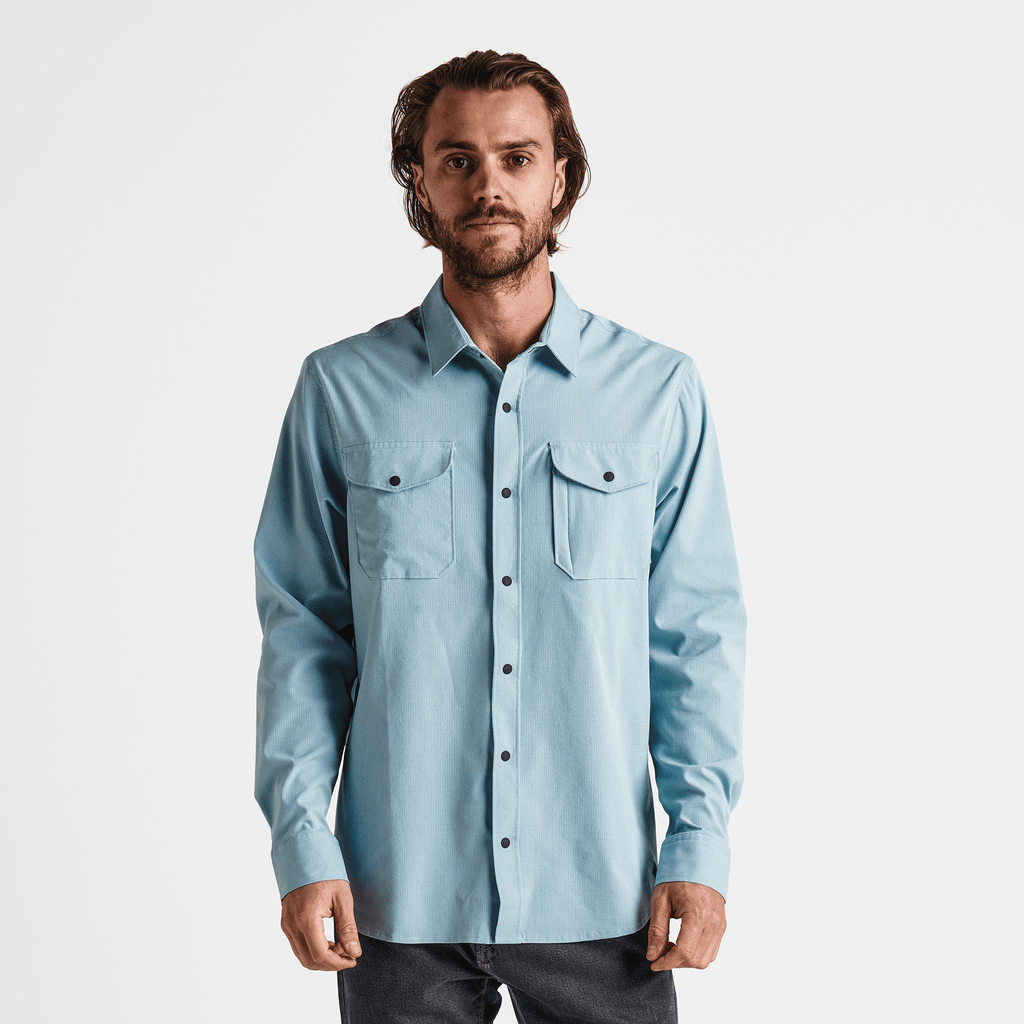 The on body view of Roark's Bless Up Long Sleeve Flannel - Stone Blue Big Image - 2